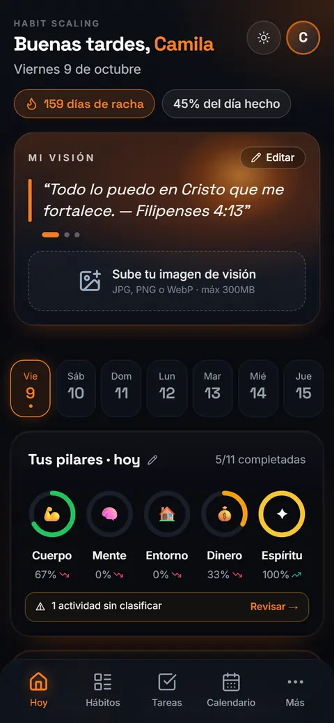 Pantalla Hoy de Habit Scaling con los hábitos del día en tarjetas de color