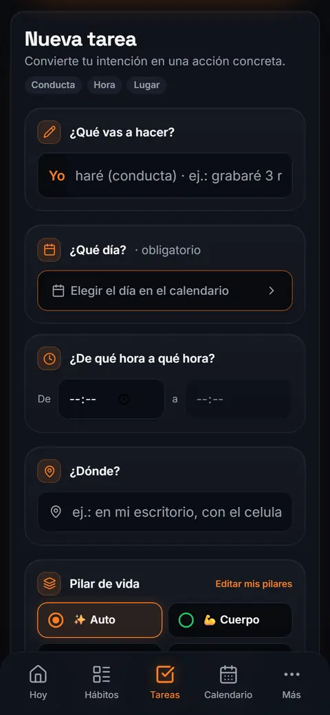 Pantalla de Habit Scaling para crear un hábito con hora y lugar